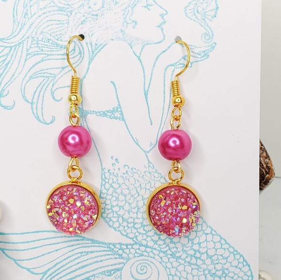 Bubble Gum Pink Druzy Czech Glass Pearls - Picture 2 of 5